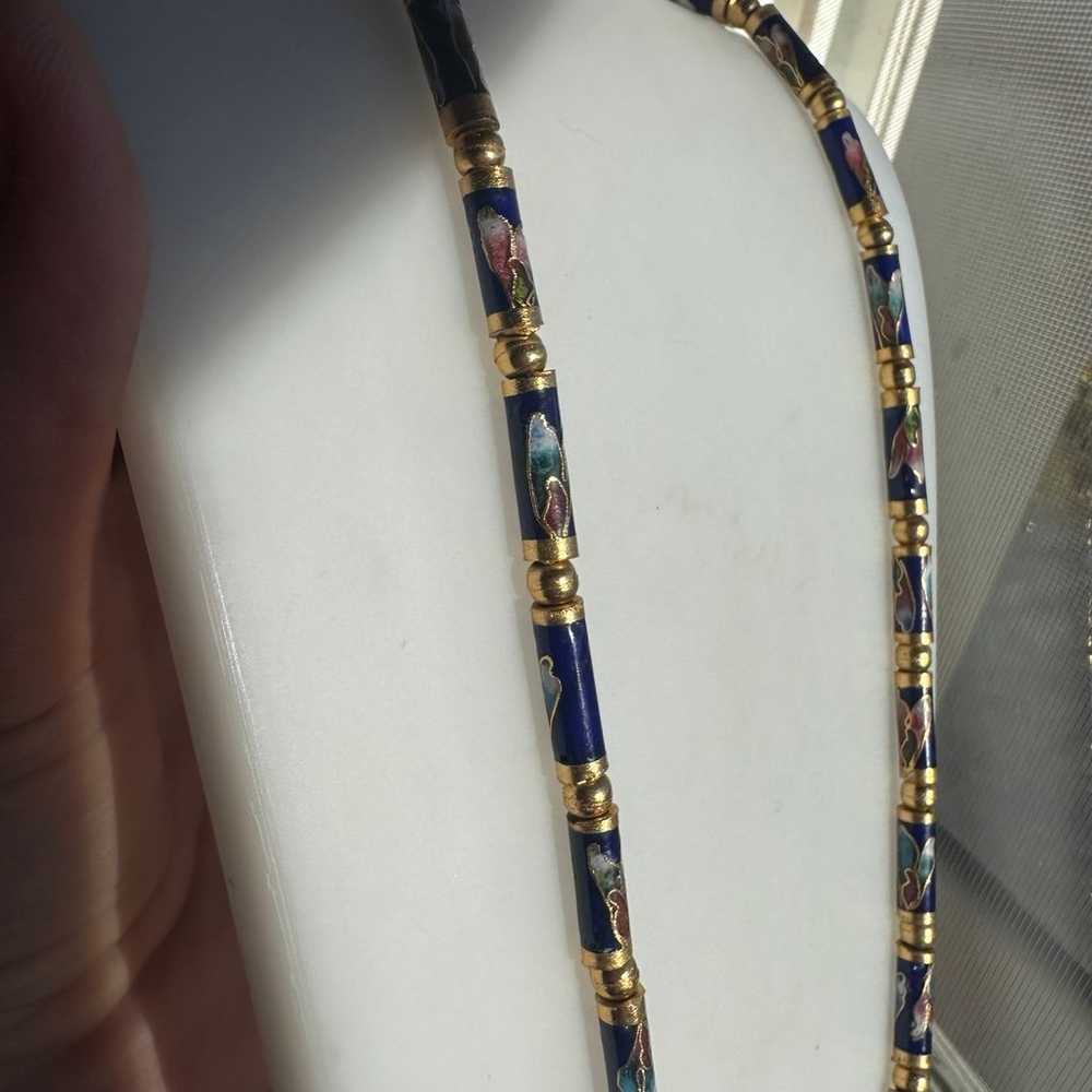 Vintage Blue Gold Chinese Cloissone Necklace - image 3