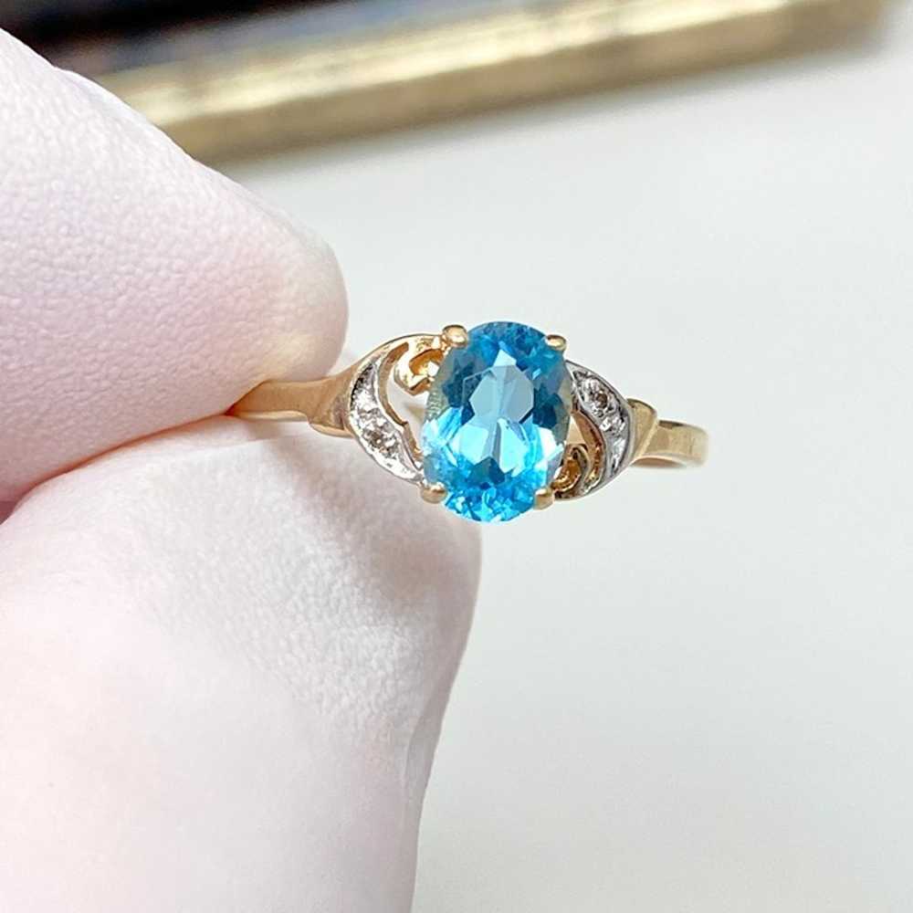 10k Solid Yellow Gold Genuine Blue Topaz & Diamon… - image 2