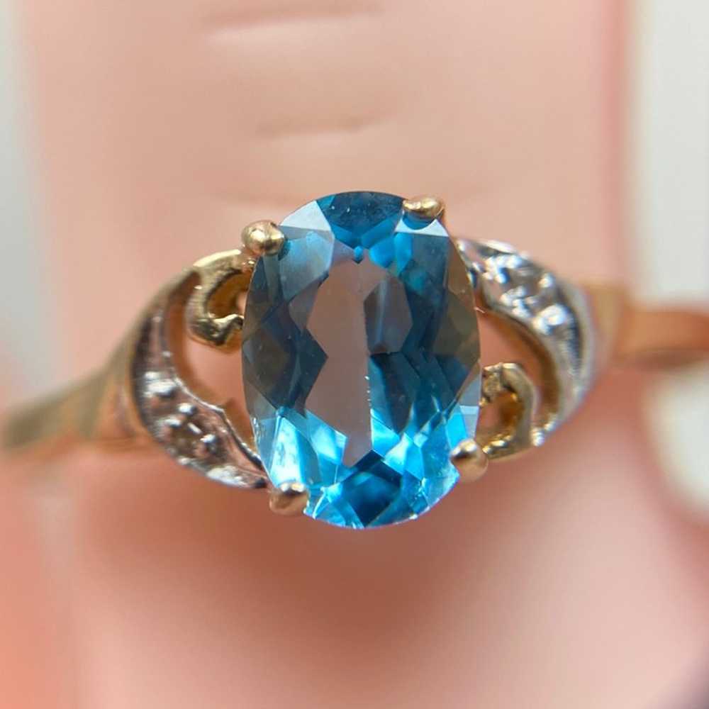 10k Solid Yellow Gold Genuine Blue Topaz & Diamon… - image 6