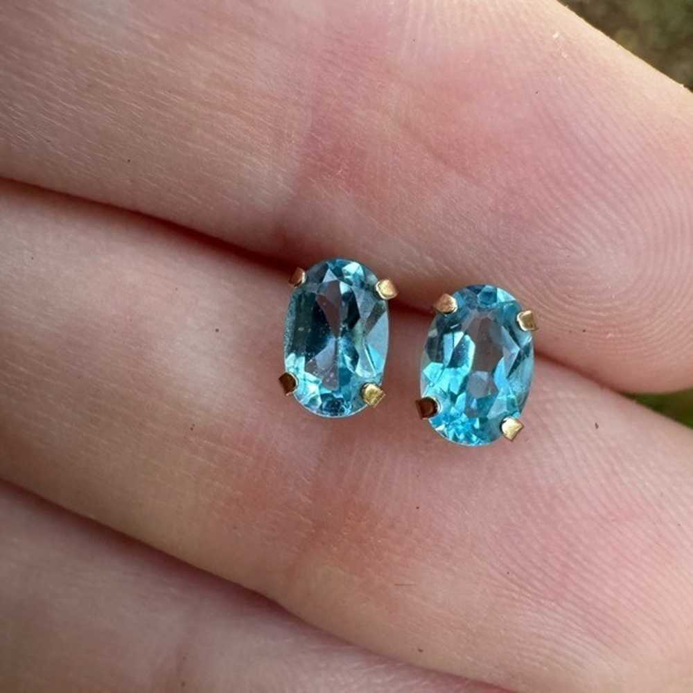 Solid 10k yellow gold genuine blue topaz stud ear… - image 10