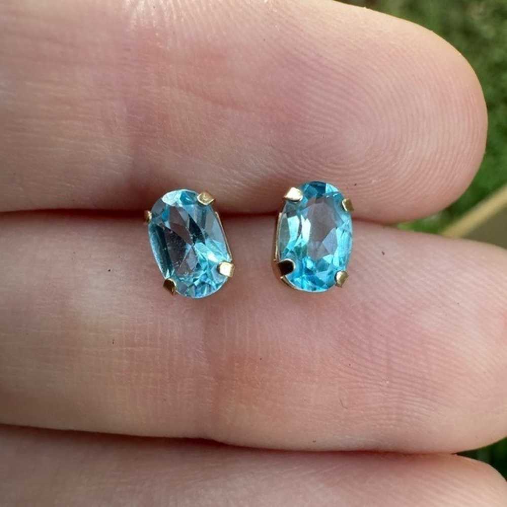 Solid 10k yellow gold genuine blue topaz stud ear… - image 11