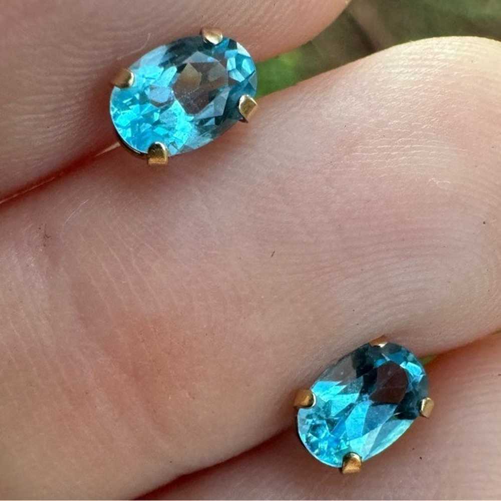 Solid 10k yellow gold genuine blue topaz stud ear… - image 1