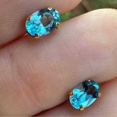 Solid 10k yellow gold genuine blue topaz stud ear… - image 1