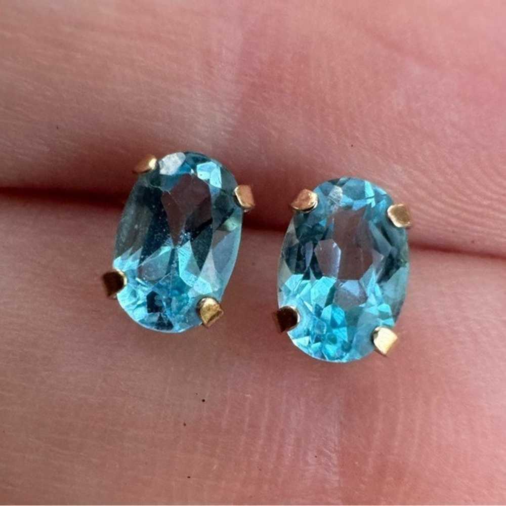 Solid 10k yellow gold genuine blue topaz stud ear… - image 3