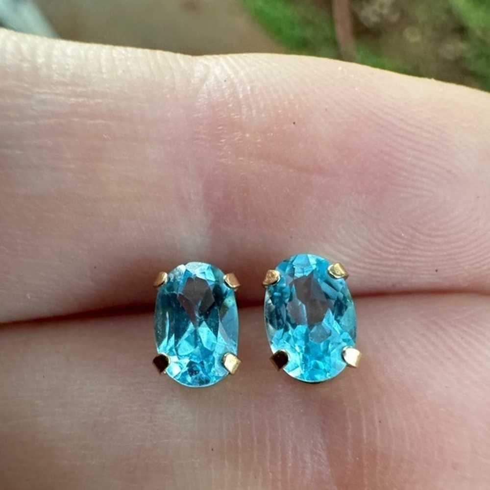 Solid 10k yellow gold genuine blue topaz stud ear… - image 7