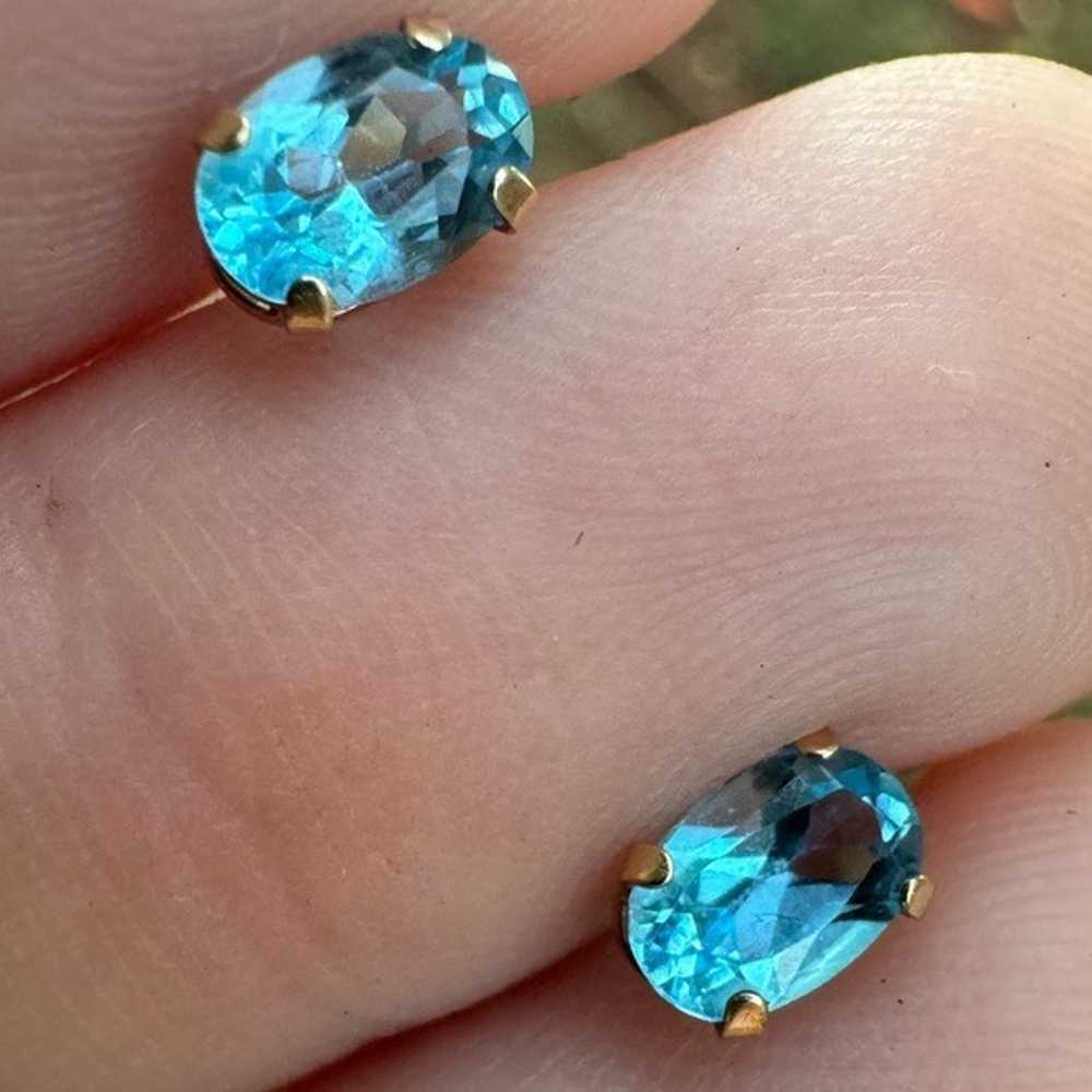 Solid 10k yellow gold genuine blue topaz stud ear… - image 8