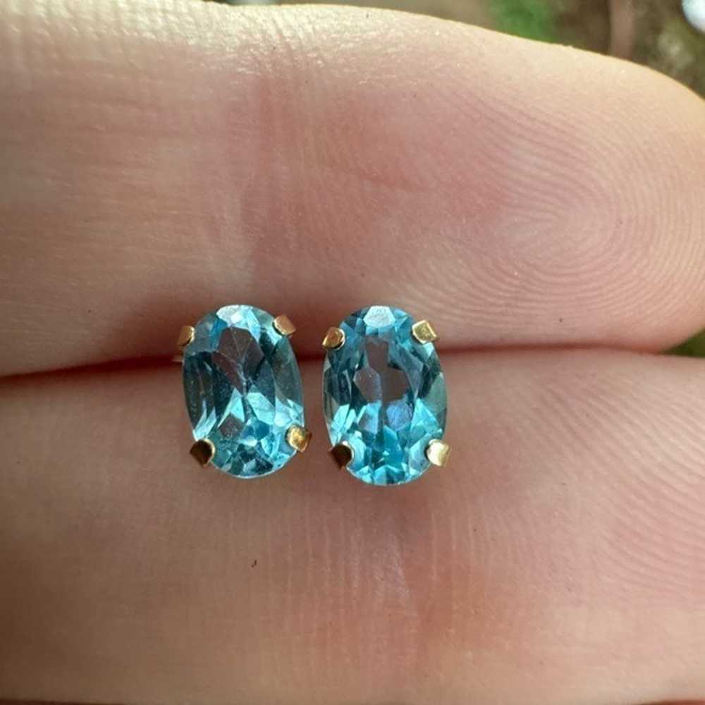 Solid 10k yellow gold genuine blue topaz stud ear… - image 9