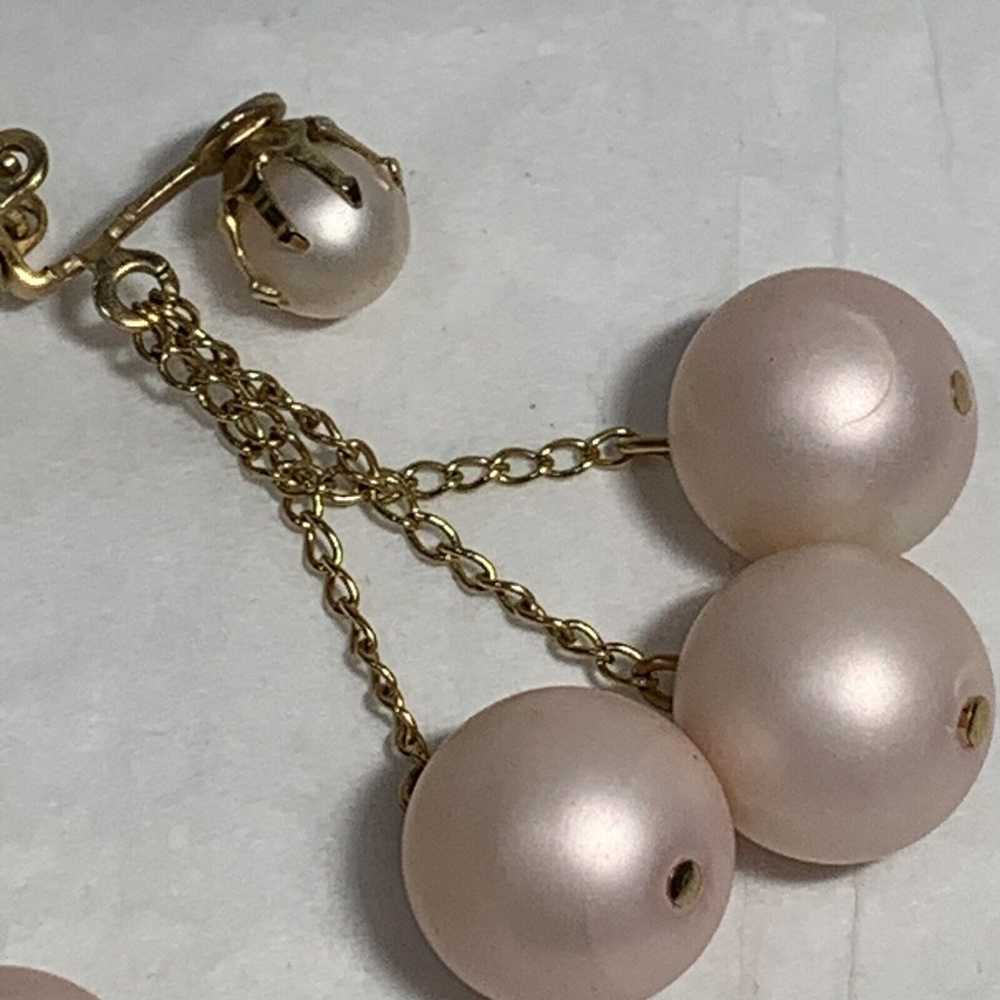 VINTAGE Pink Dangle Bead Ball Earrings Gold Tone … - image 6