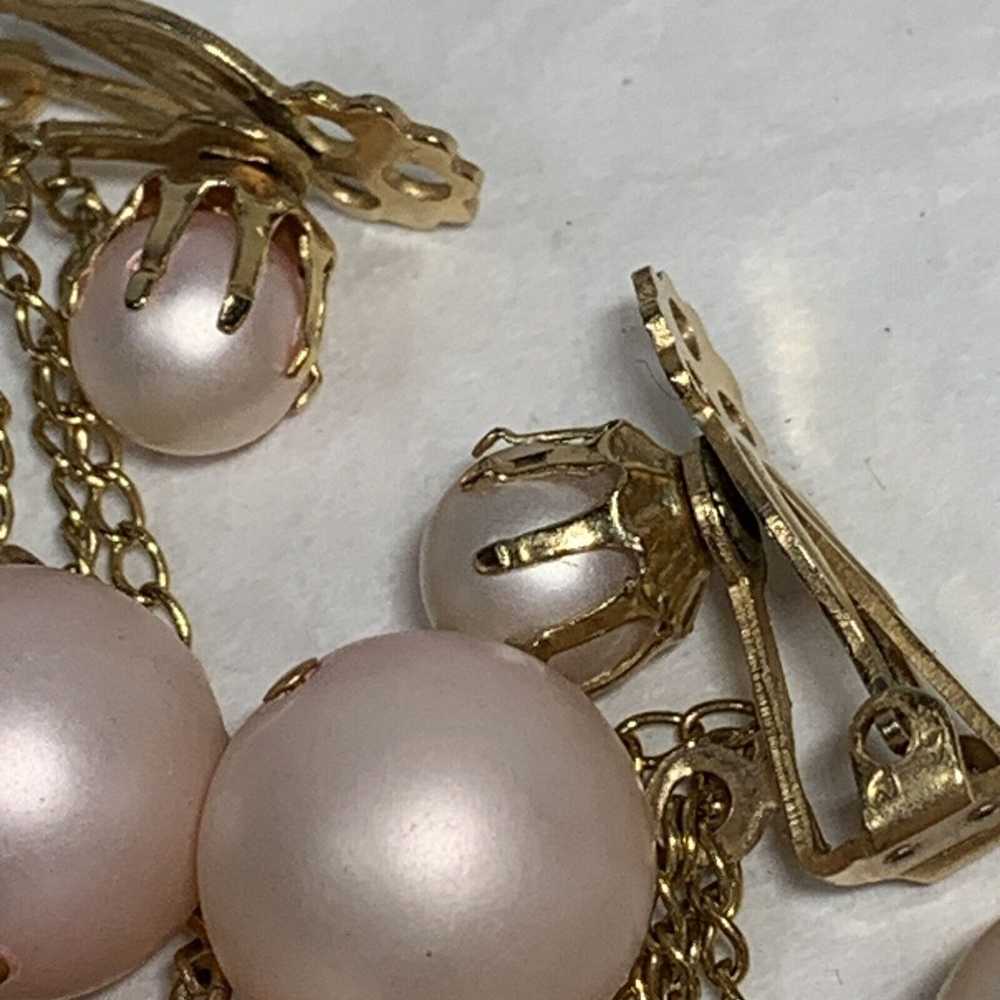 VINTAGE Pink Dangle Bead Ball Earrings Gold Tone … - image 9