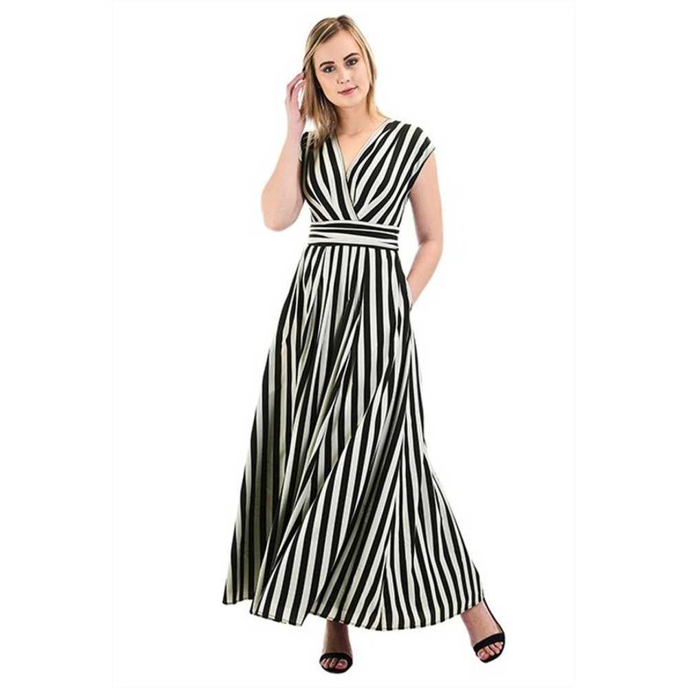 eShakti Fit & Flare Dress M Beige Black Stripe Ma… - image 10