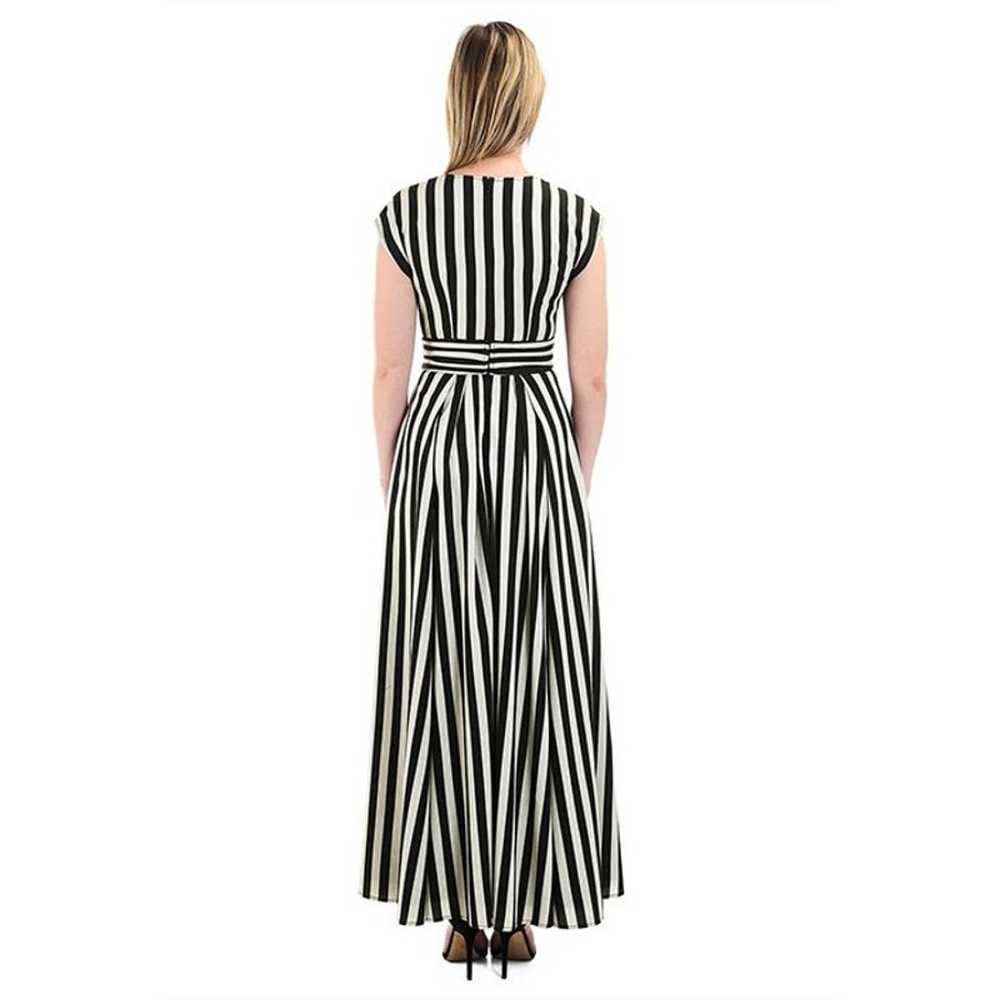 eShakti Fit & Flare Dress M Beige Black Stripe Ma… - image 11