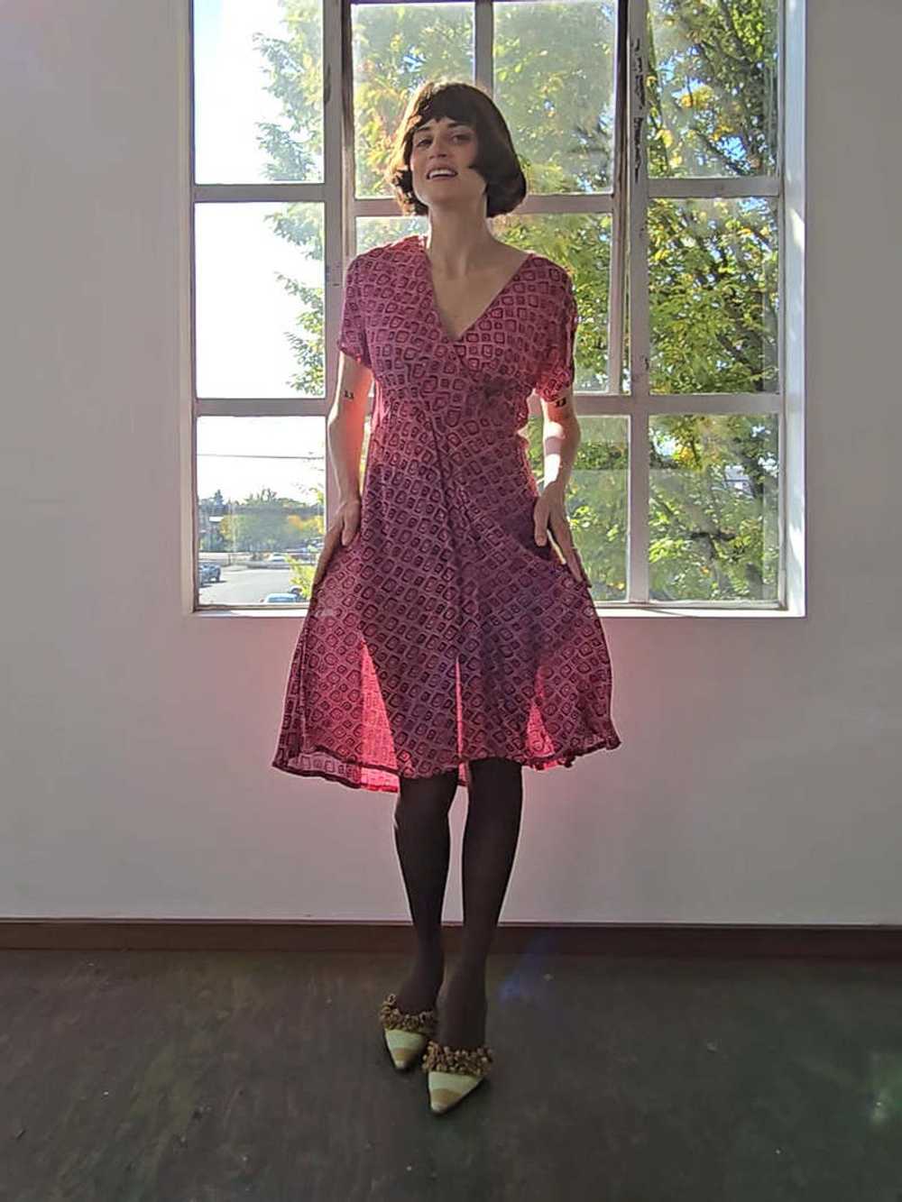 Vintage Sheer Day Dress - Pink Geometric Print - image 1