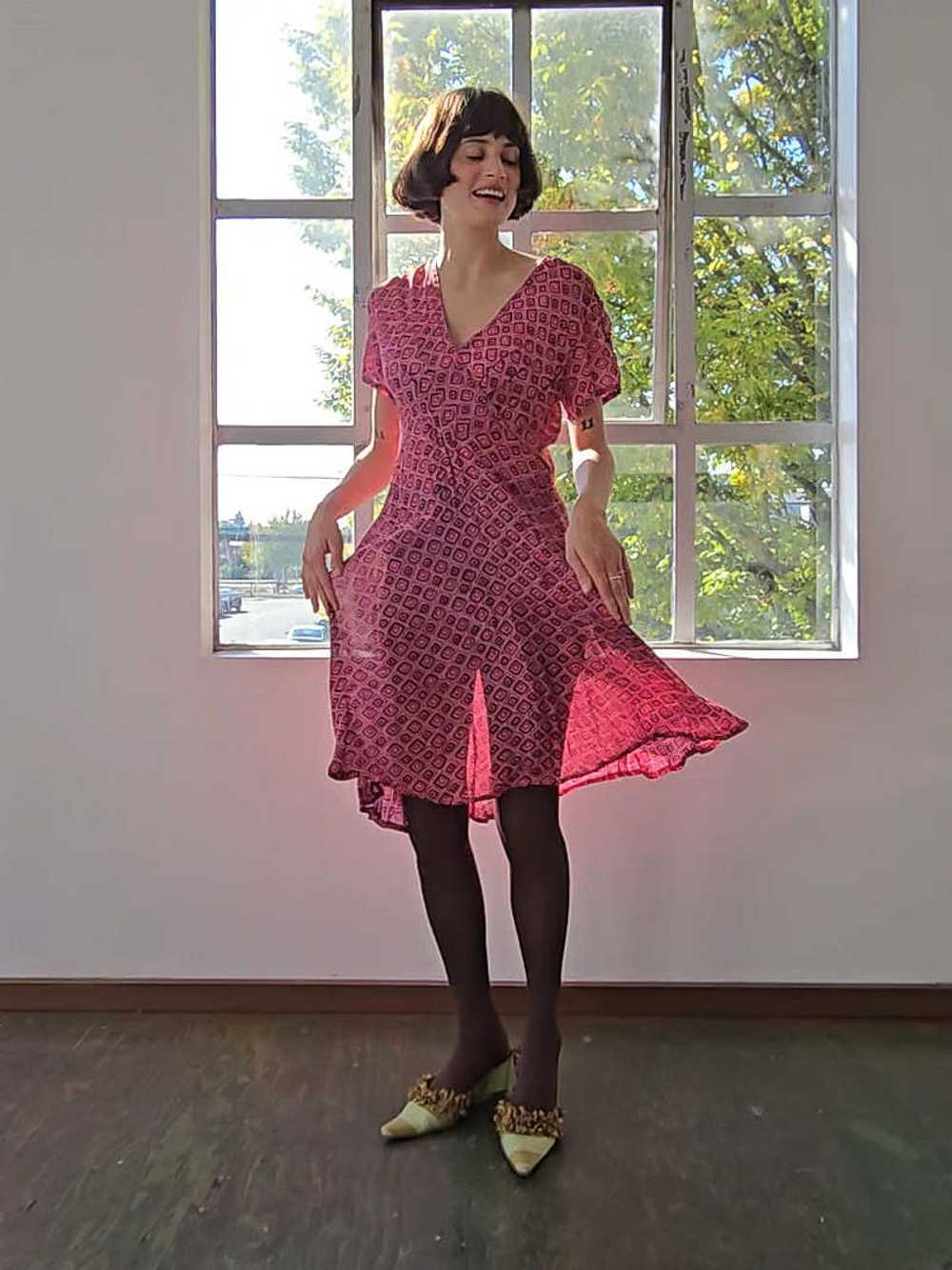 Vintage Sheer Day Dress - Pink Geometric Print - image 2