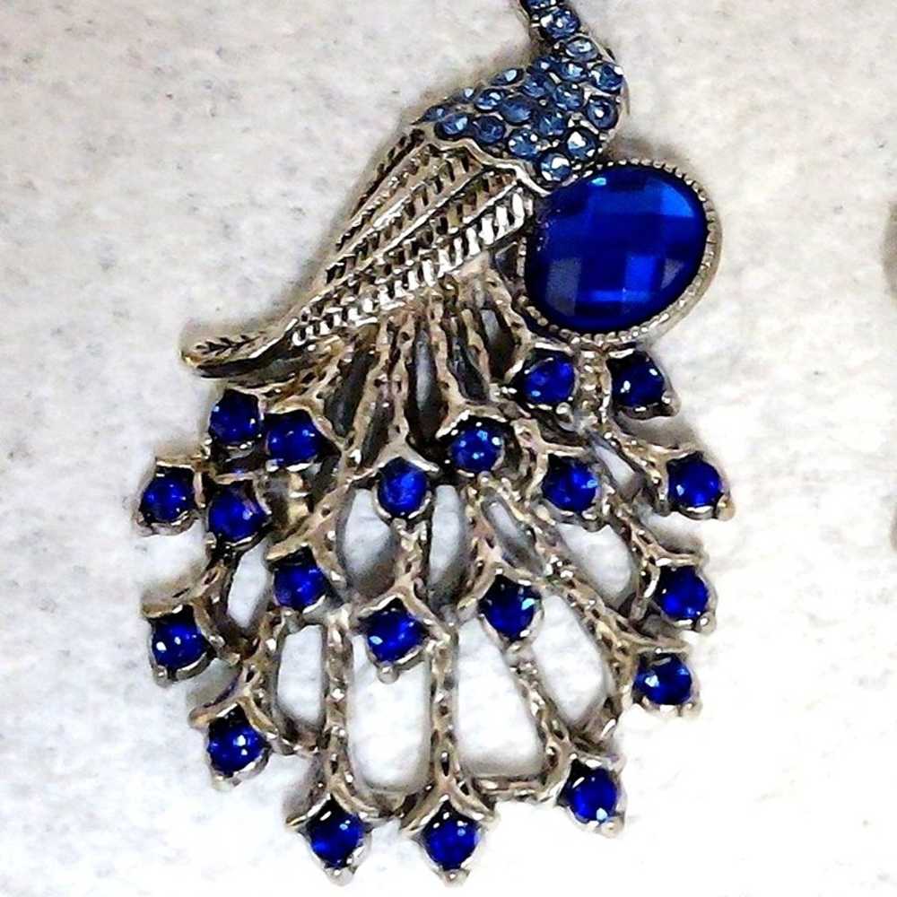 Peacock Earrings Dangle Blue Faux Rhinestone Silv… - image 5