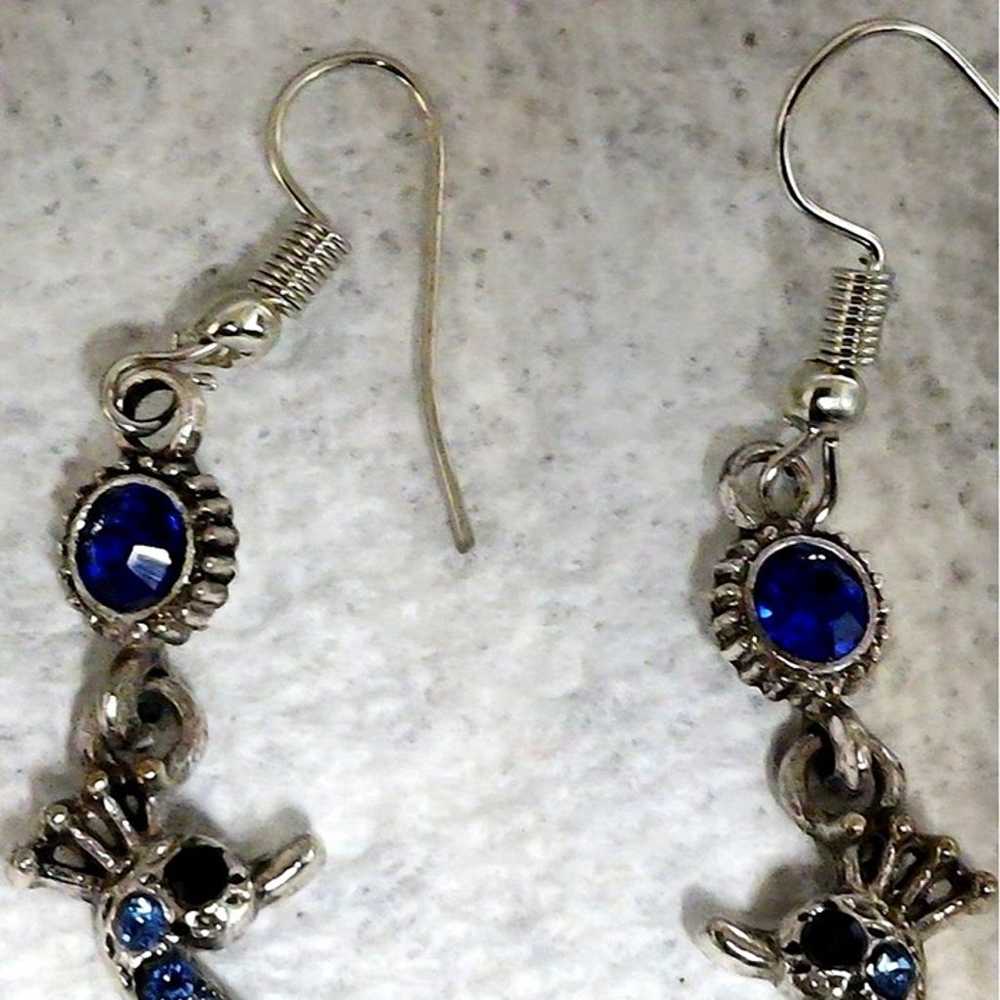 Peacock Earrings Dangle Blue Faux Rhinestone Silv… - image 7