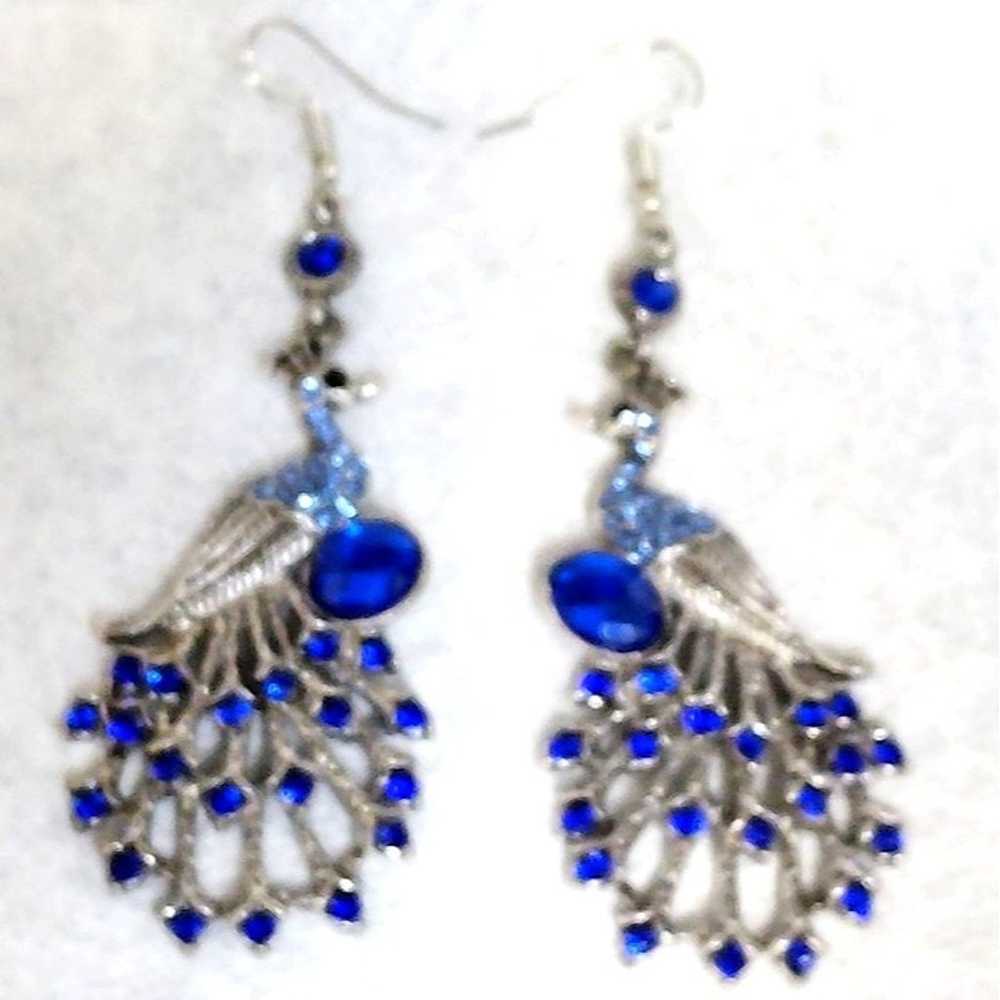 Peacock Earrings Dangle Blue Faux Rhinestone Silv… - image 9