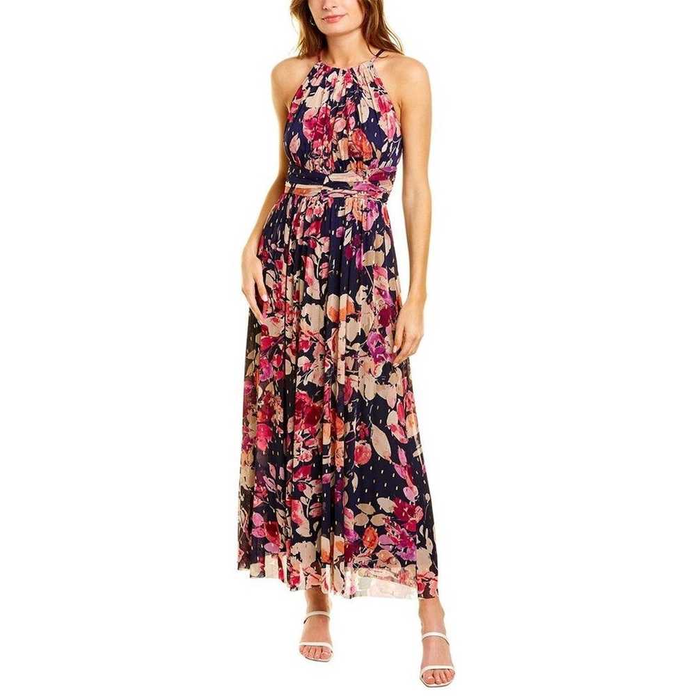 London Times Navy Floral Shimmer Halter Maxi Even… - image 1