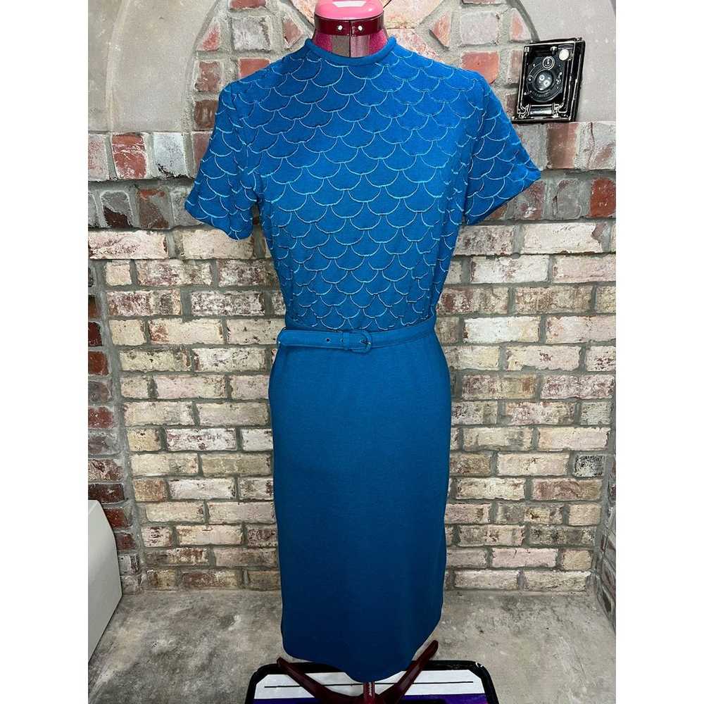 knit dress 1980s scale pattern teal belt - image 1