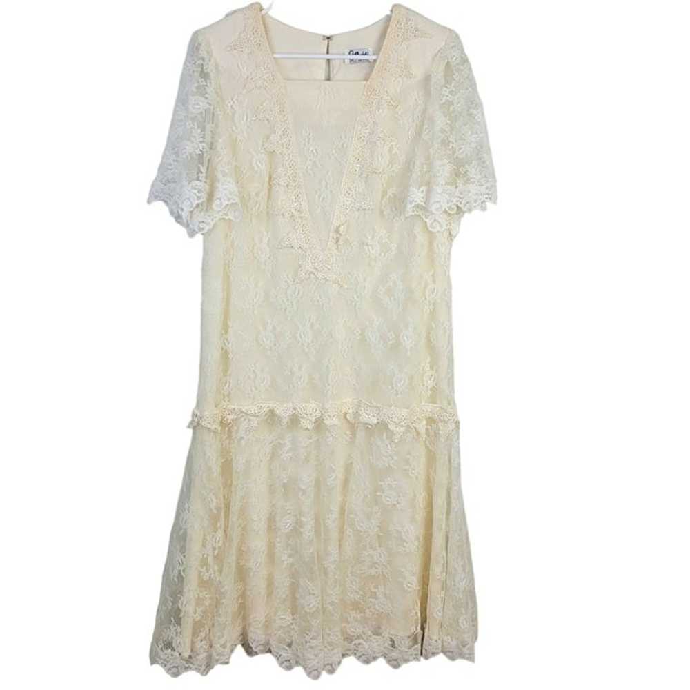 Vintage 80s Lace Midi Dress Women 12 Cream 20s St… - image 1