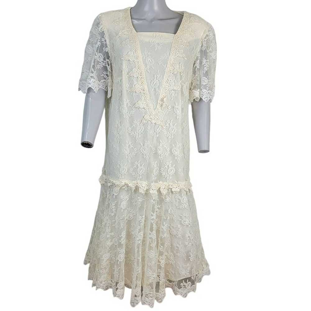 Vintage 80s Lace Midi Dress Women 12 Cream 20s St… - image 2