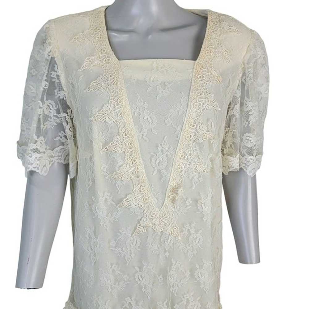 Vintage 80s Lace Midi Dress Women 12 Cream 20s St… - image 5