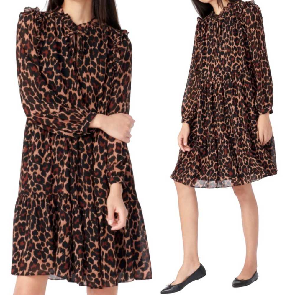 J Crew Animal Print Mini Dress Tie Neck Tiered He… - image 1