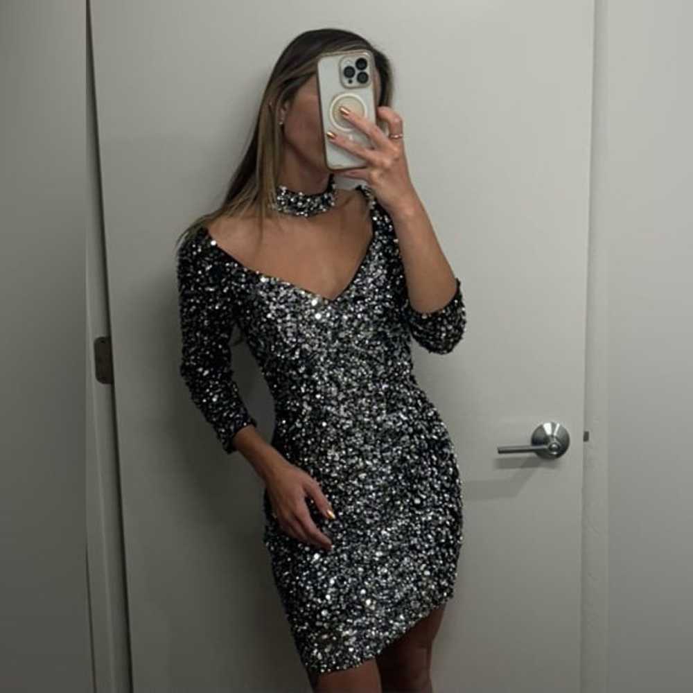 Parker Black Sequined Silver Cocktail Dress S - image 2