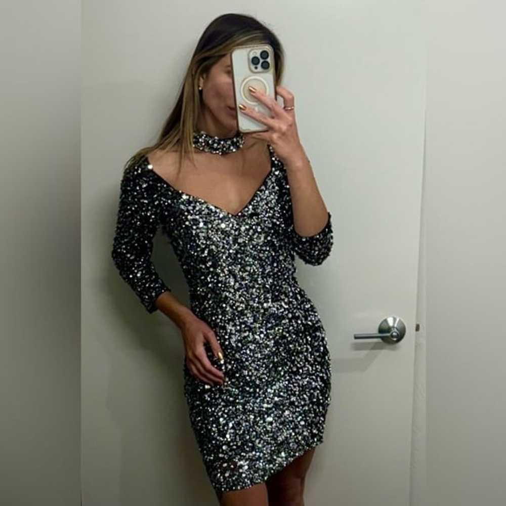 Parker Black Sequined Silver Cocktail Dress S - image 5