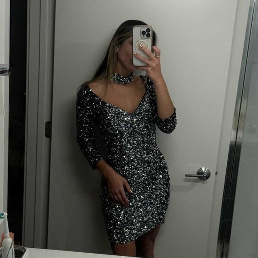 Parker Black Sequined Silver Cocktail Dress S - image 6