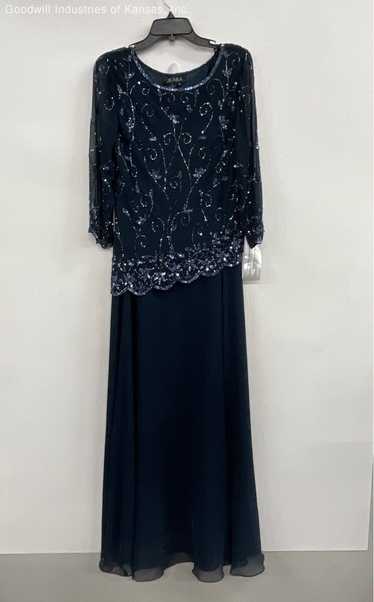 JKARA Navy Blue Lace-Overlay Embellished Gown Form