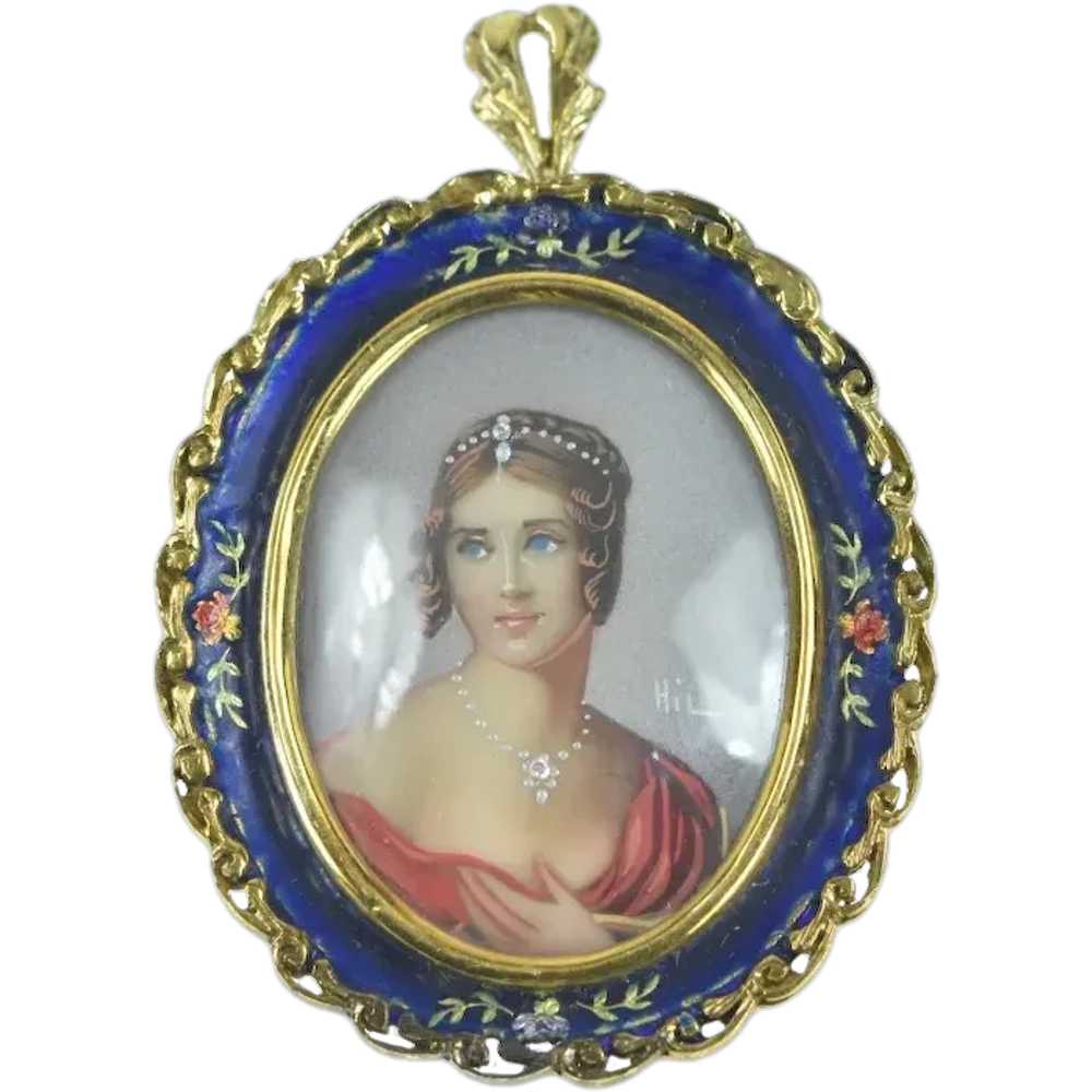 18K Victorian Painted Lady Ornate Enamel Pendant/… - image 1