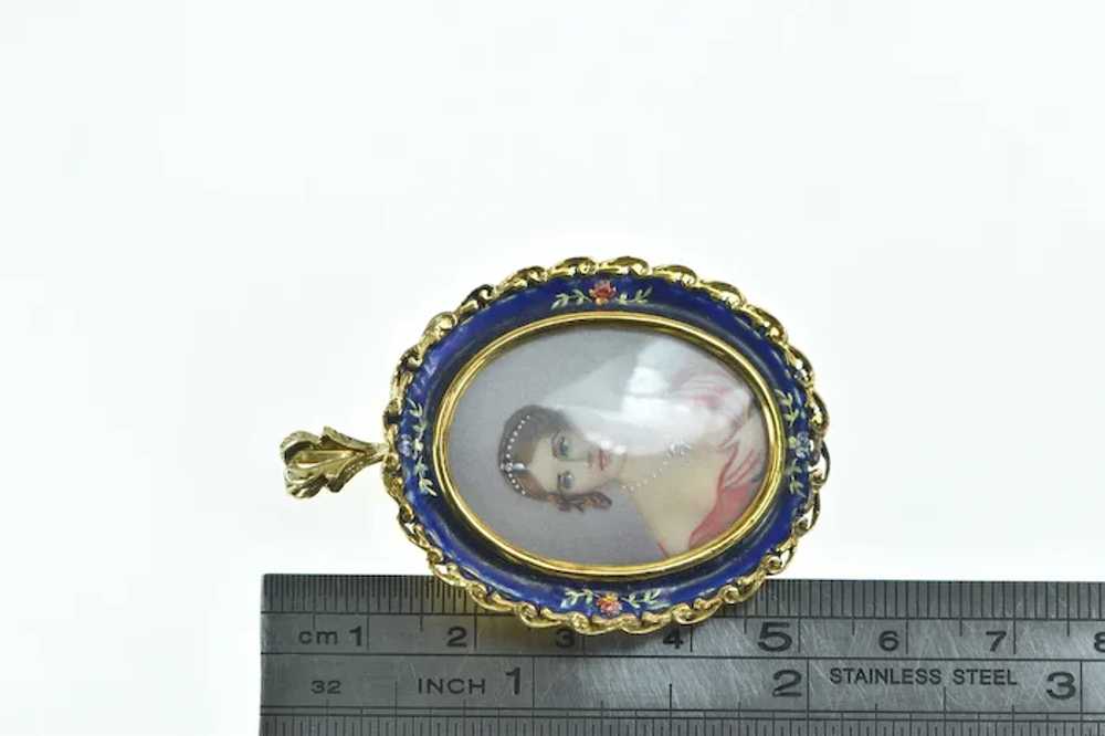 18K Victorian Painted Lady Ornate Enamel Pendant/… - image 4