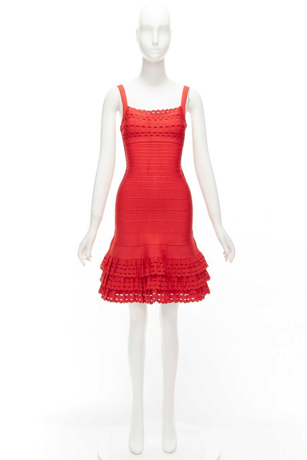 Herve Leger HERVE LEGER red cut out tiered ruffle… - image 9