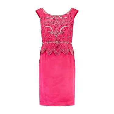 1960s Shocking Pink Silk Shift Dress with Beaded … - image 1