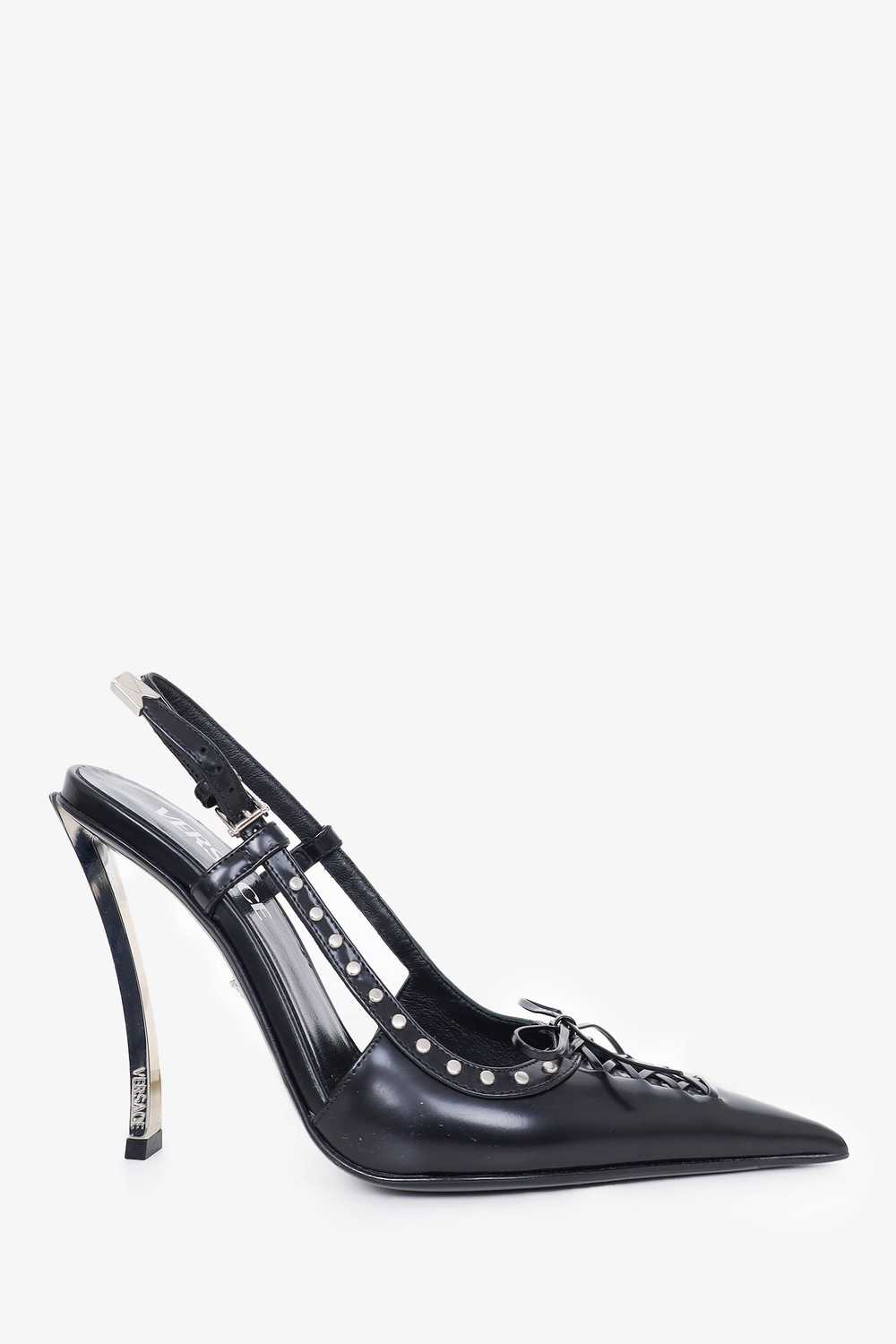 Versace Black Leather Pointed Lace Slingback Heel… - image 1