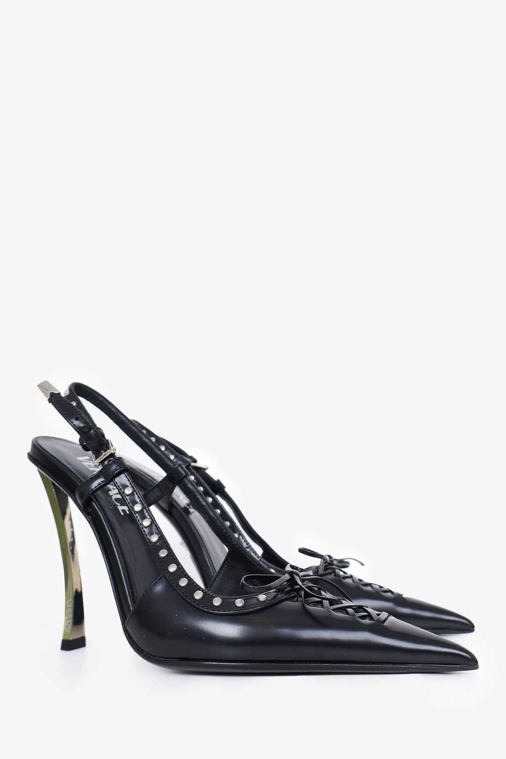 Versace Black Leather Pointed Lace Slingback Heel… - image 2