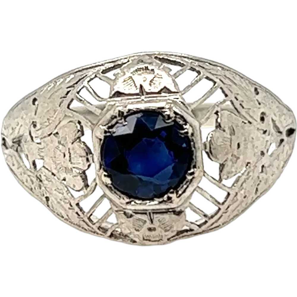 Art Deco Natural Sapphire Ring 1/2ct Flowers Plat… - image 1