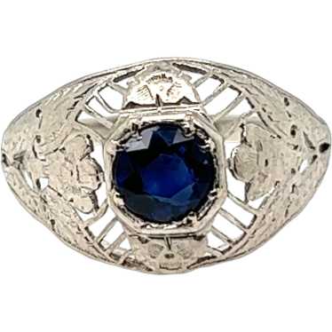 Art Deco Natural Sapphire Ring 1/2ct Flowers Plat… - image 1