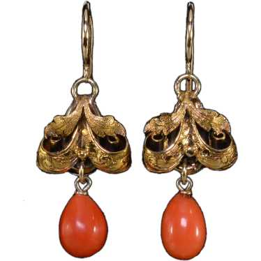 Antique Victorian 14K Gold Red Coral Bow Earrings 