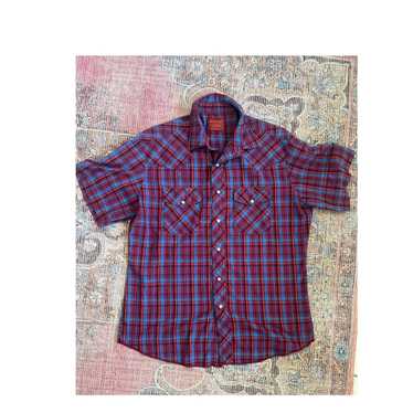 Rustler Rustler Plaid Snap Button Up Shirt Maroon… - image 1