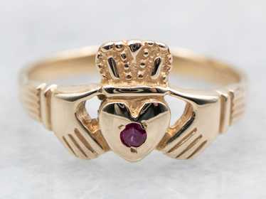 Claddagh Ring with Synthetic Ruby Accent - image 1