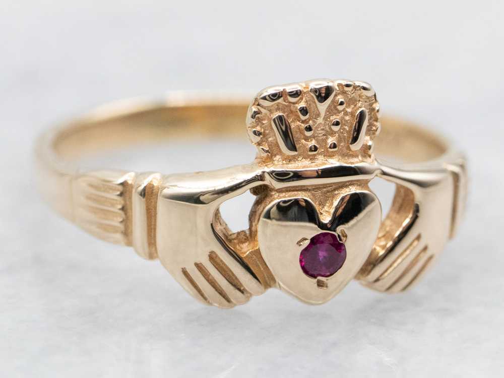 Claddagh Ring with Synthetic Ruby Accent - image 2