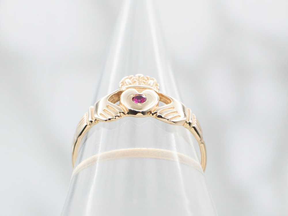 Claddagh Ring with Synthetic Ruby Accent - image 3