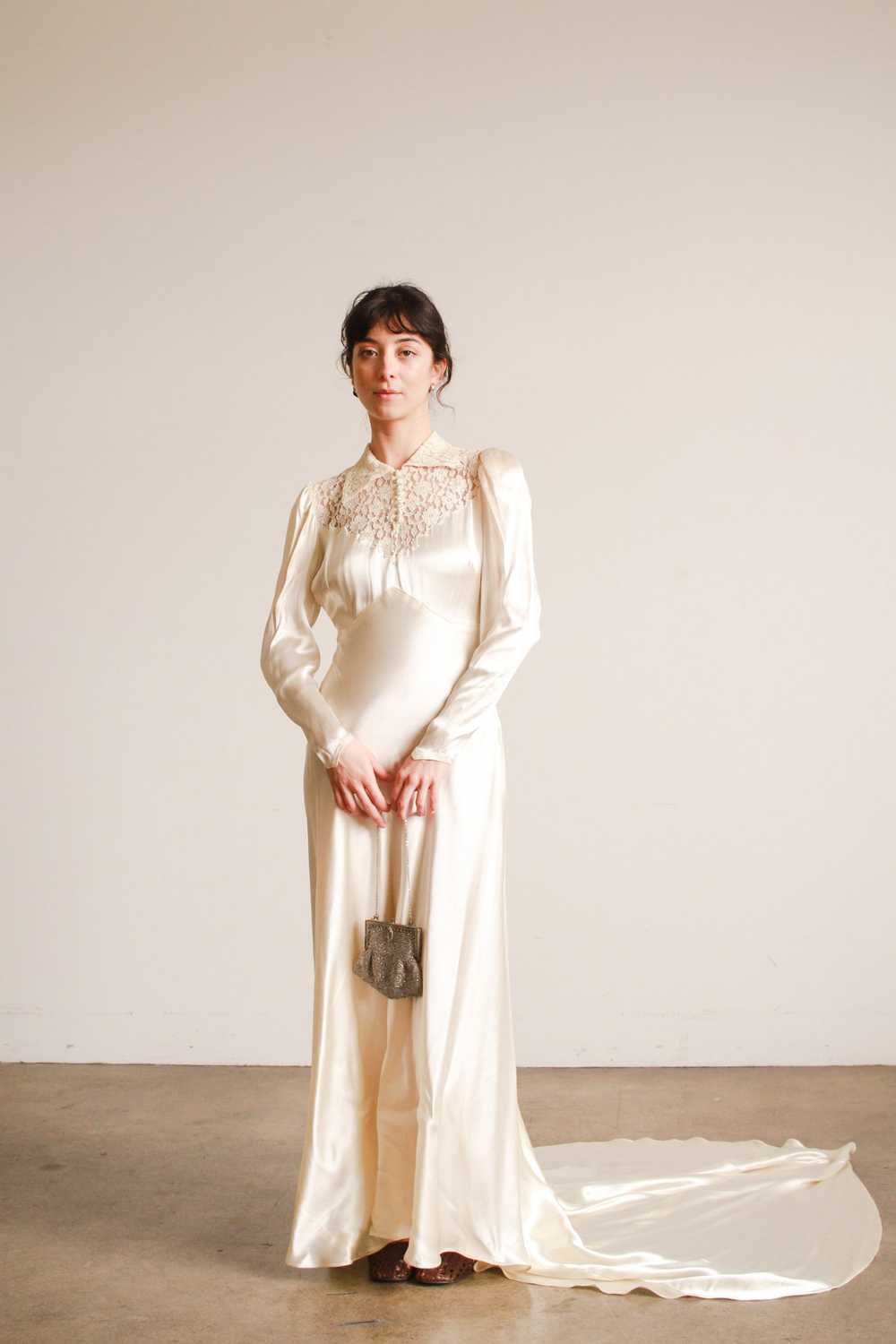 1930s Ivory Liquid Satin Lace Yolk Wedding Gown - image 1