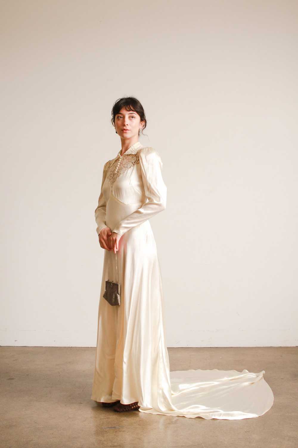 1930s Ivory Liquid Satin Lace Yolk Wedding Gown - image 2