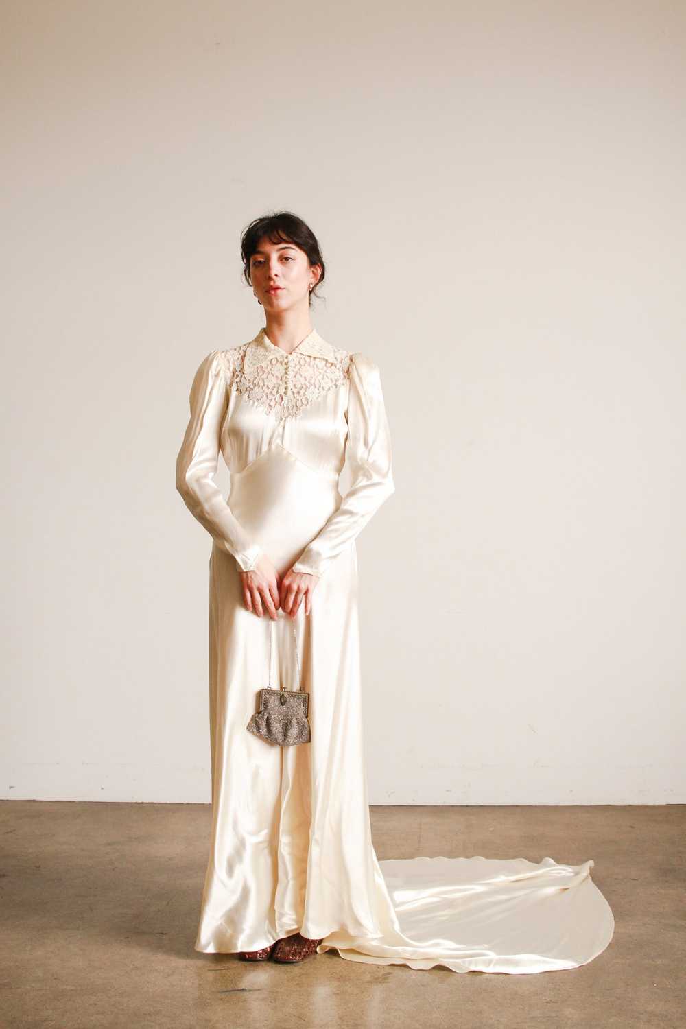 1930s Ivory Liquid Satin Lace Yolk Wedding Gown - image 3