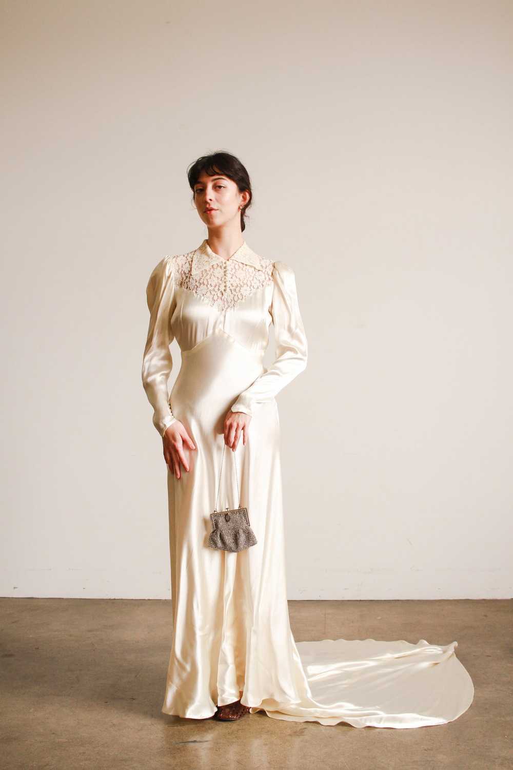 1930s Ivory Liquid Satin Lace Yolk Wedding Gown - image 4