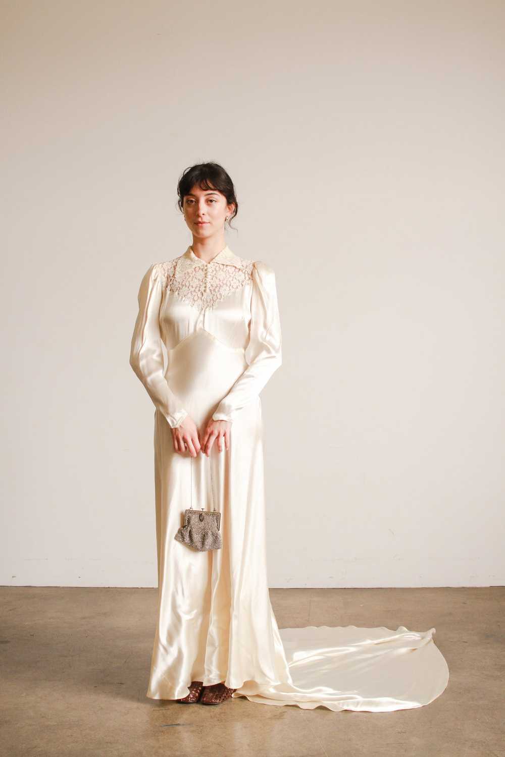 1930s Ivory Liquid Satin Lace Yolk Wedding Gown - image 5