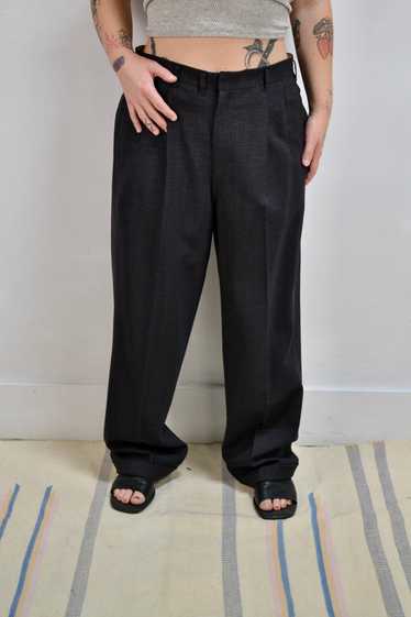 Black Slubbed Cotton Pleated Trousers