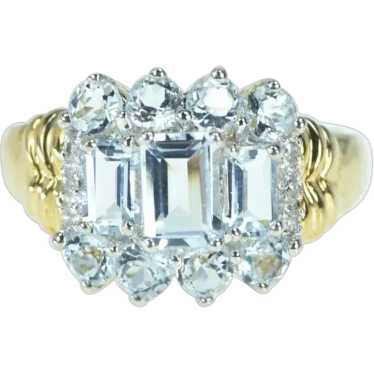 10K Emerald Cut Syn. Aquamarine Diamond Ring Size 